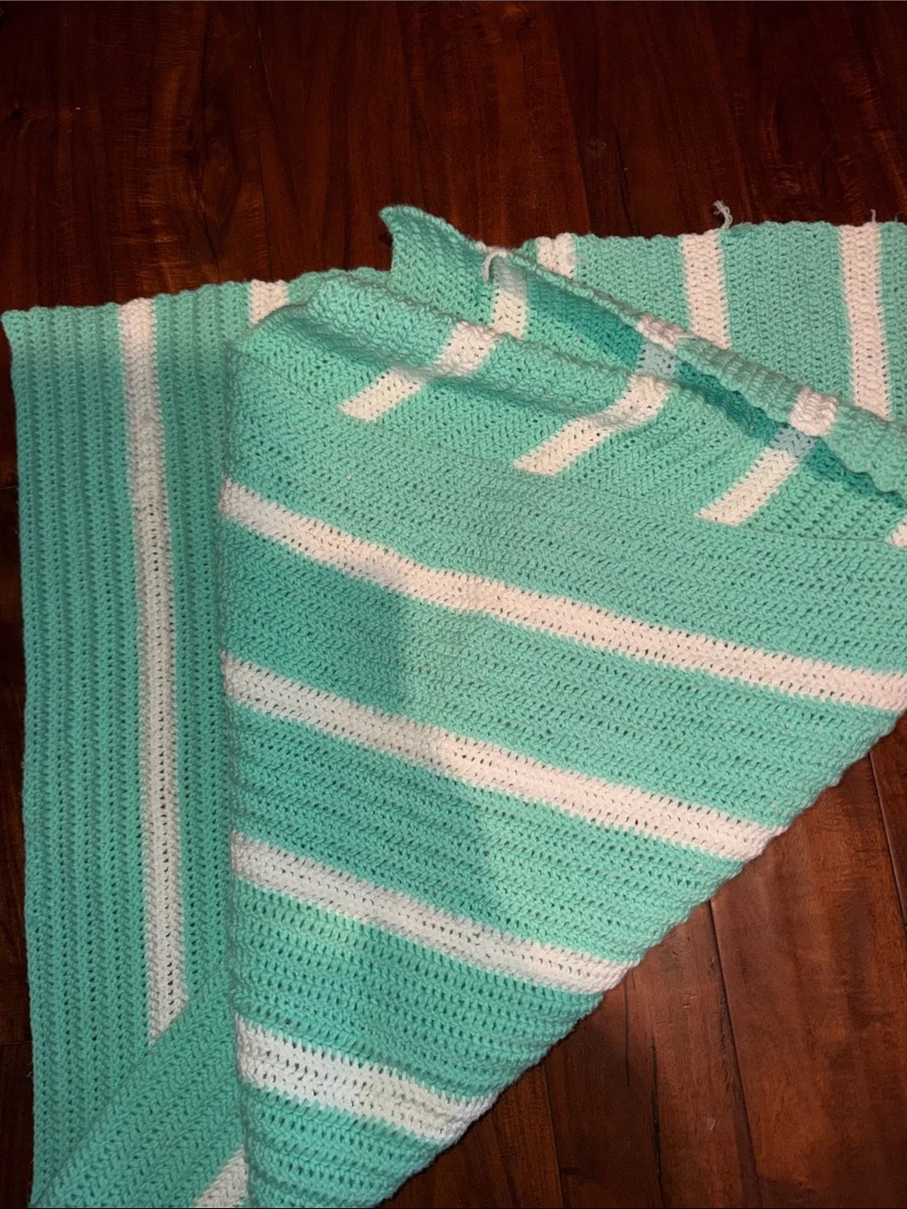 Aqua and White Striped hand Crochet Throw Blanket - Cozy Home Accent a